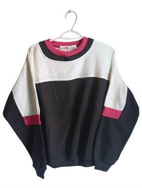 Vintage Women's Colorblock Crewneck Sweater - Black, White & Pink Large Grandma